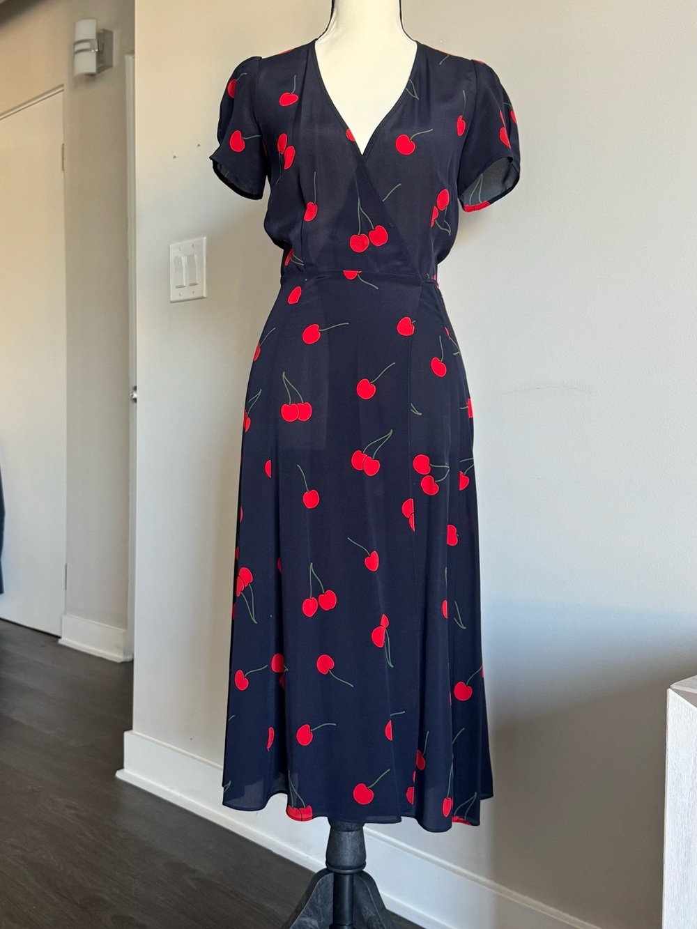 Realisation Par Navy Midi Dress with Red Cherry Print